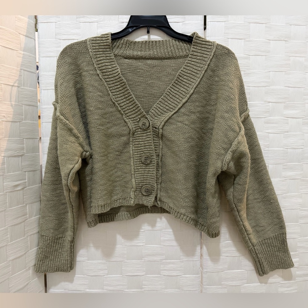 Olive Green Cropped Button Cardigan Knit Sweater Oversized Fit